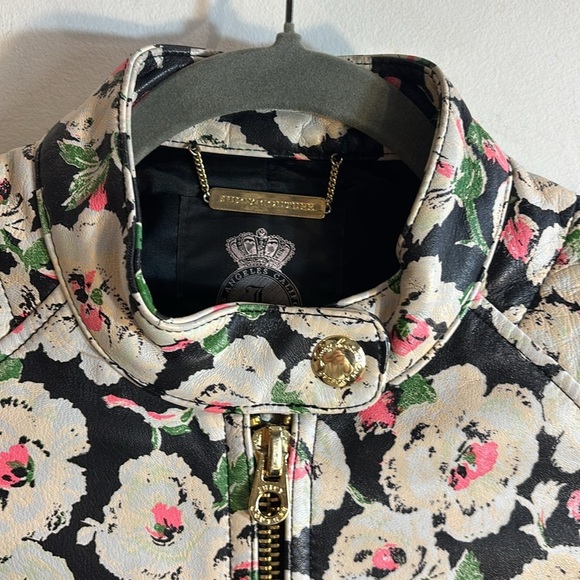 JUICE COUTURE Sz XS Lambskin Peplum Hem Floral Moto Style Jacket Mao Neckline - Picture 3 of 11